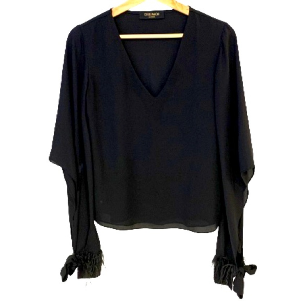 Italian made Black Long Sleeve Blouse with Feather Cuffs